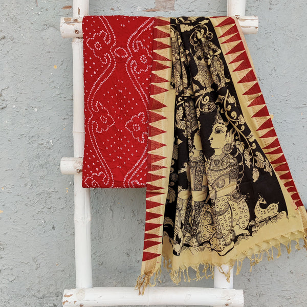 BANDHANI-KALAMKARI-Pure Cotton Bandhani Top Fabric With Hand Painted Kalamkari Dupatta  Red With Cream And Black