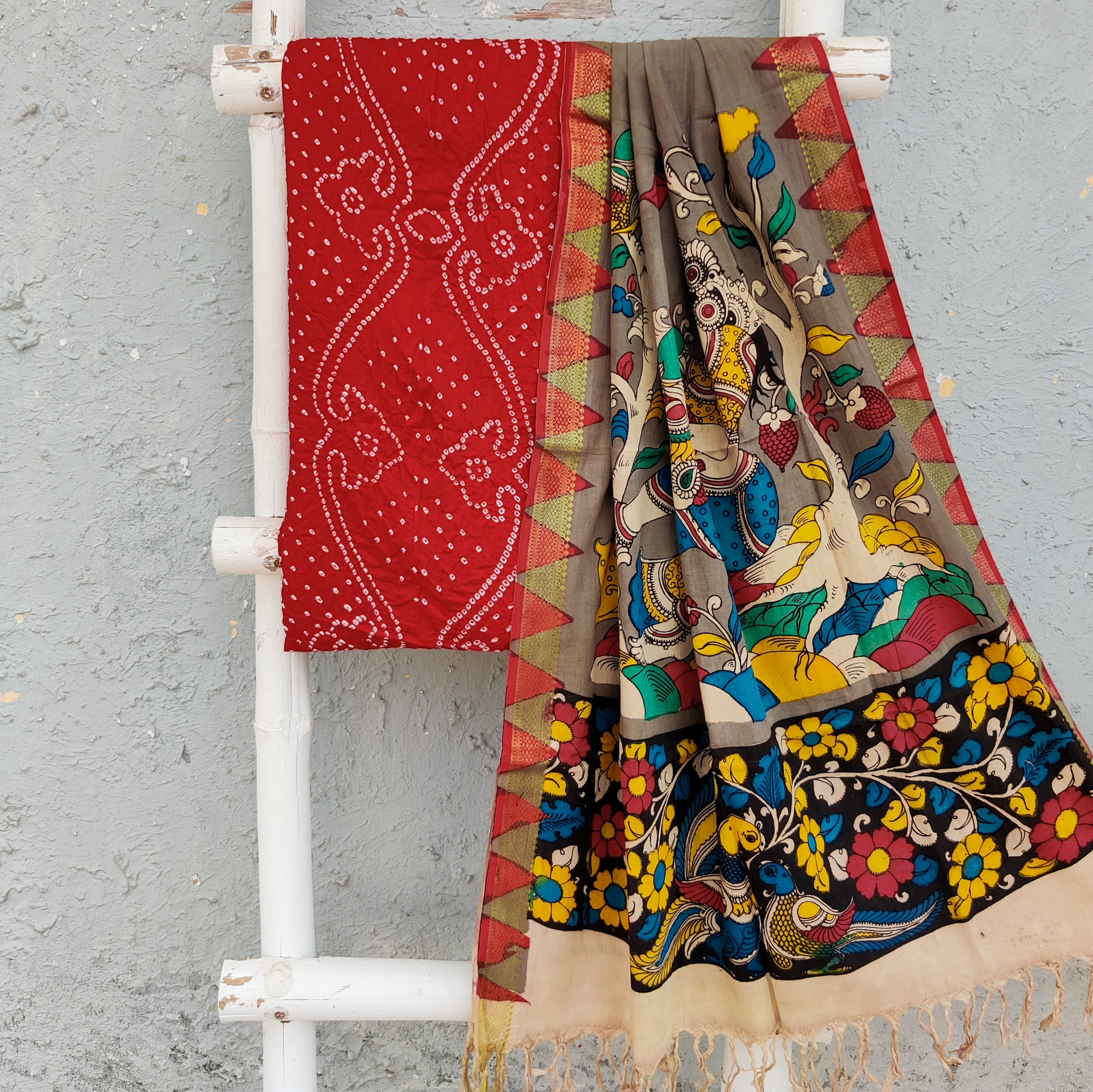 Bandhani Top BANDHANI-KALAMKARI-Pure Cotton Bandhani Top Fabric With Hand Painted K ...