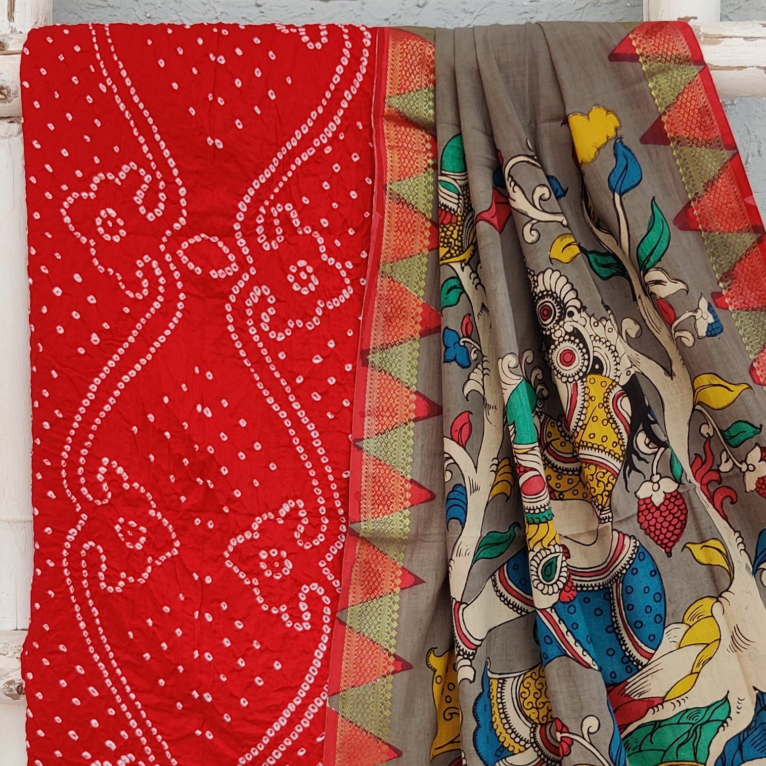 Bandhani Top BANDHANI-KALAMKARI-Pure Cotton Bandhani Top Fabric With Hand Painted K ...