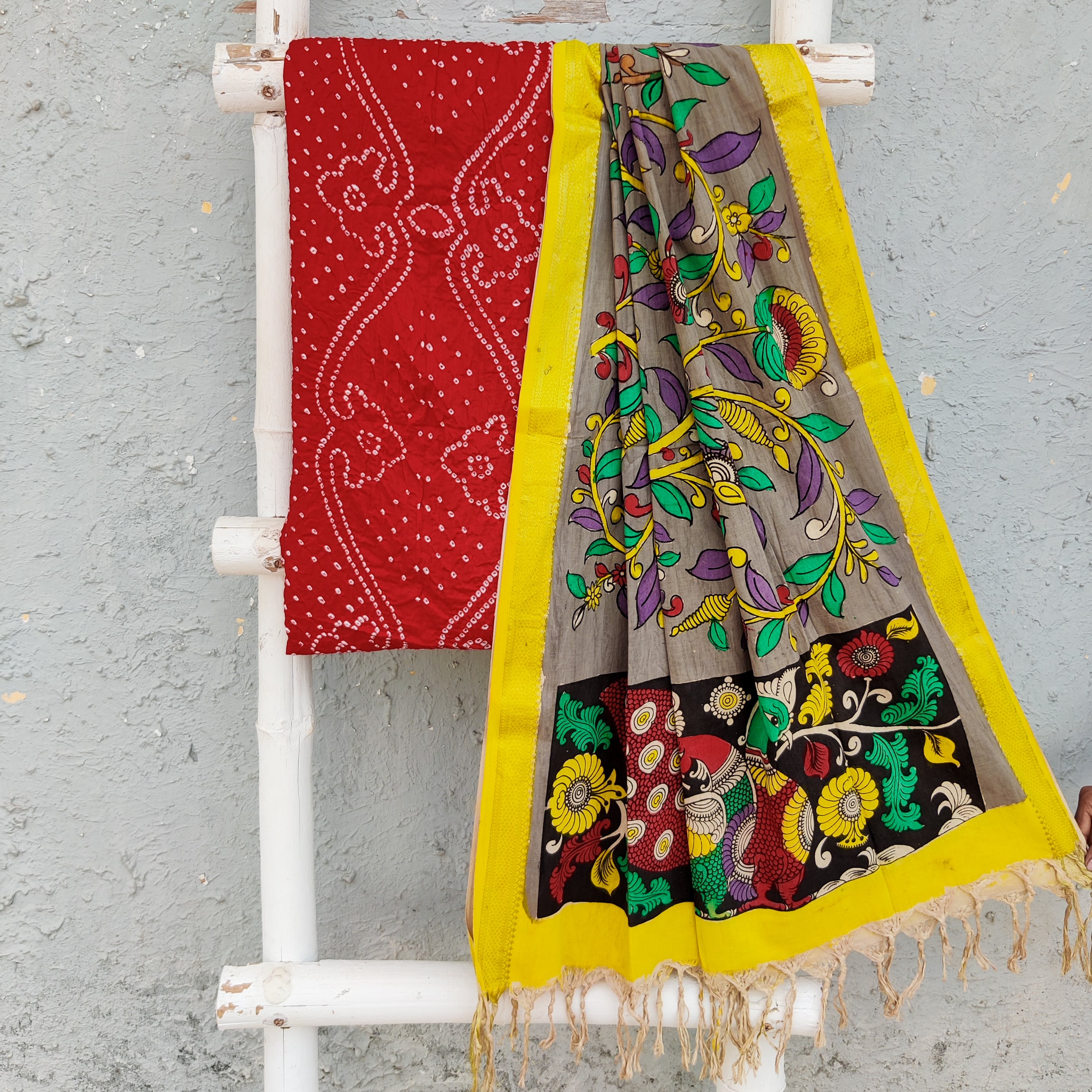 Bandhani Top BANDHANI-KALAMKARI-Pure Cotton Bandhani Top Fabric With Hand Painted K ...
