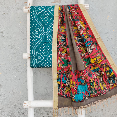 BANDHANI-KALAMKARI-Pure Cotton Bandhani Top Fabric With Hand Painted Kalamkari Dupatta  Teal Blue And Brown