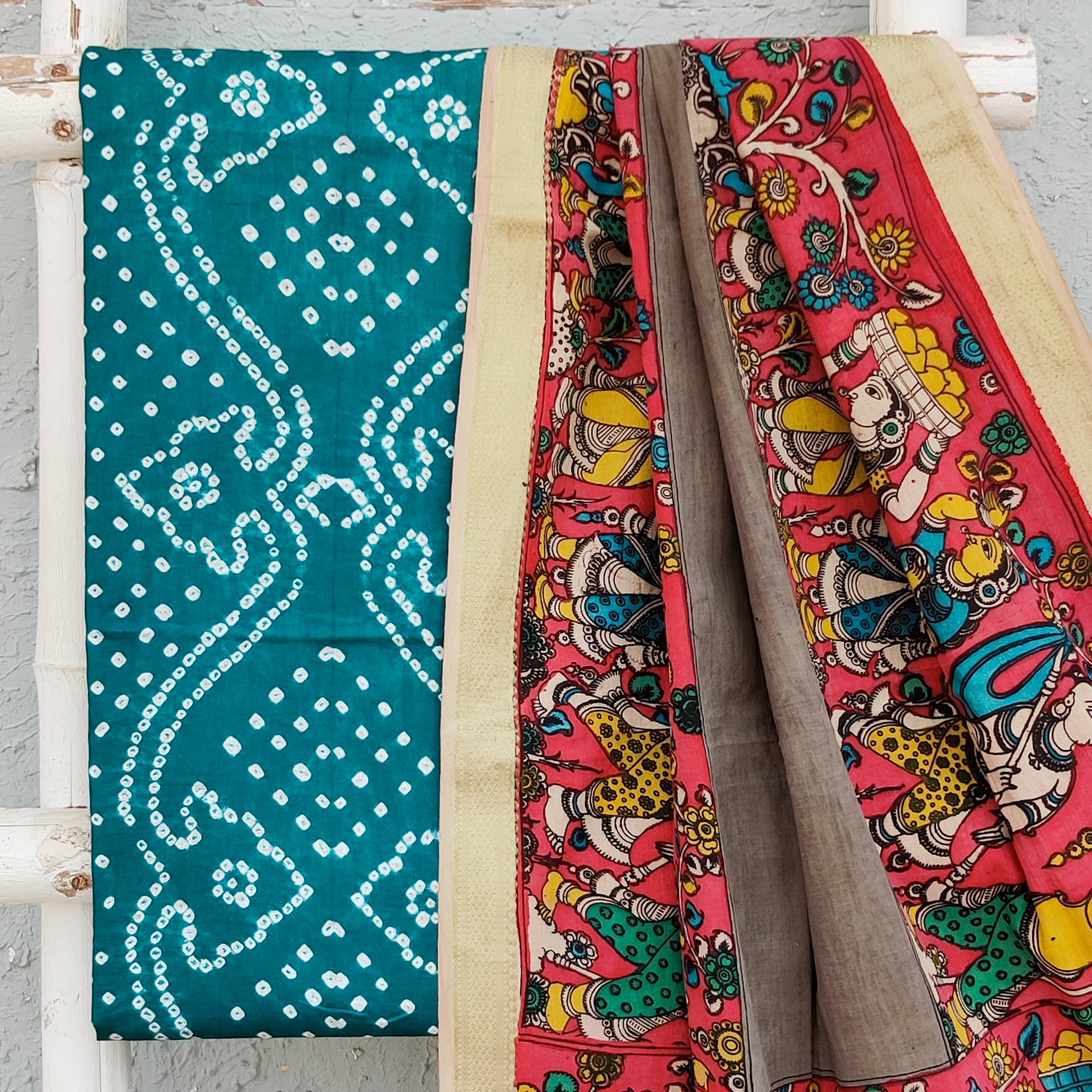 BANDHANI-KALAMKARI-Pure Cotton Bandhani Top Fabric With Hand Painted K ...