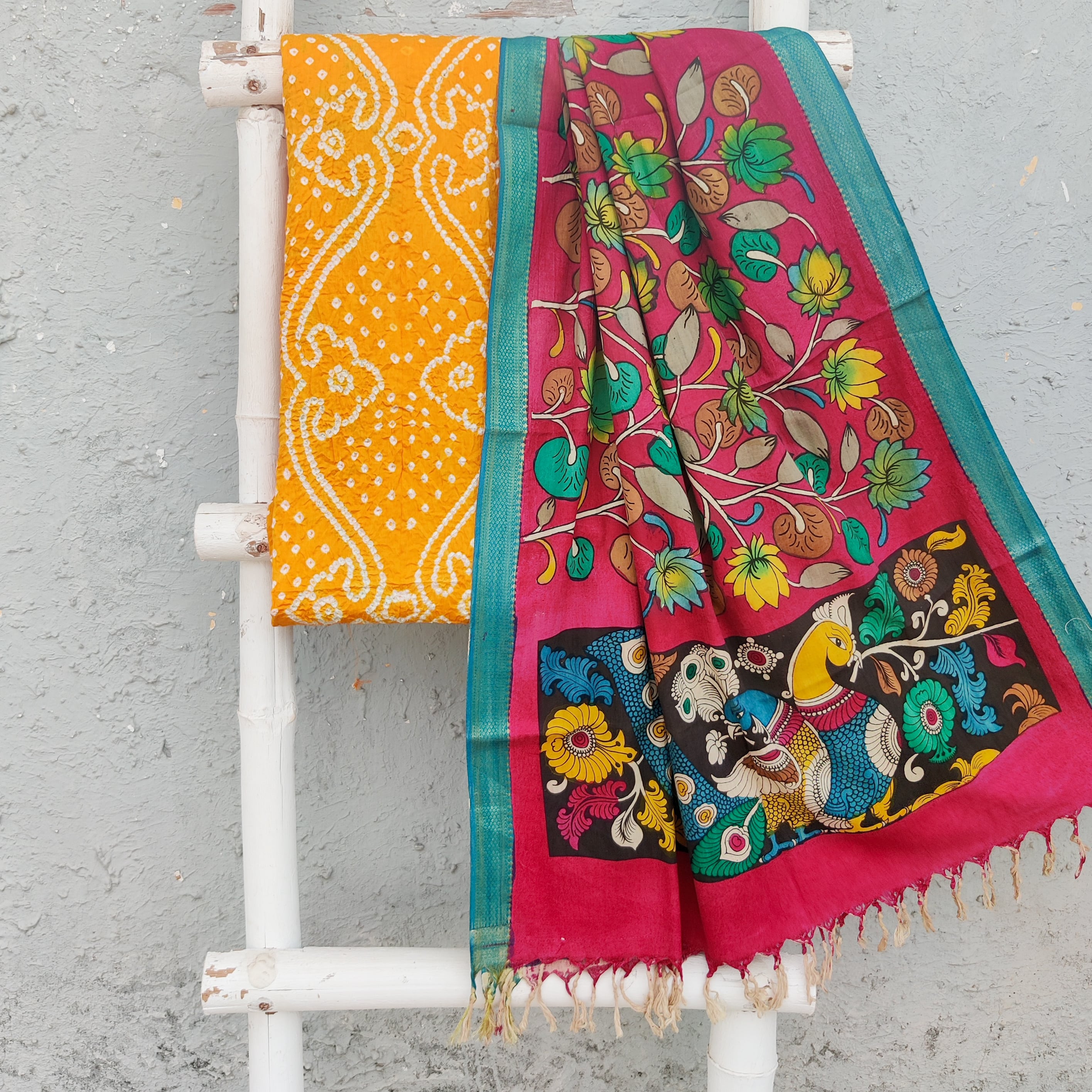Bandhani Top BANDHANI-KALAMKARI-Pure Cotton Bandhani Top Fabric With Hand Painted K ...