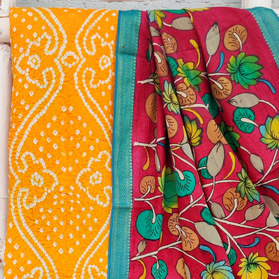 BANDHANI-KALAMKARI-Pure Cotton Bandhani Top Fabric With Hand Painted Kalamkari Dupatta  Yellow With Red