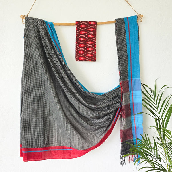 BENGAL KI RANI - Pure Cotton Grey With Red And Blue Handwoven Saree