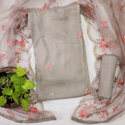 BINITA-Modal Cotton Light Grey With Peach Flower Design Top And Plain Rayon Botton Light Grey And Net Emboriderey Dupatta Suit
