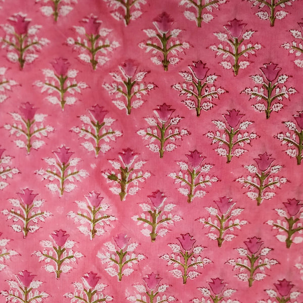 BLOUSE PIECE 0.80 CM Mul Pure Cotton Jaipuri Light Pink With Pink Daffodil Flower Motifs Hand Block Print Fabric