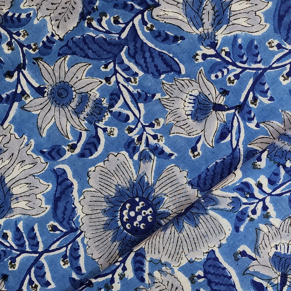 BLOUSE PIECE 0.80 CM Pure Cotton Jaipuri Blue With Grey Wild Flowers Jaal Hand Block Print Fabric