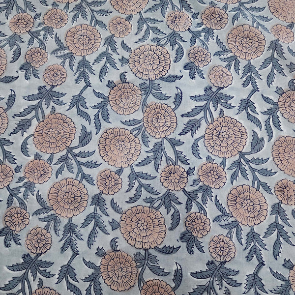 BLOUSE PIECE 0.80 CM Pure Cotton Jaipuri Grey With Peach Marrigold Jaal Hand Block Print Fabric