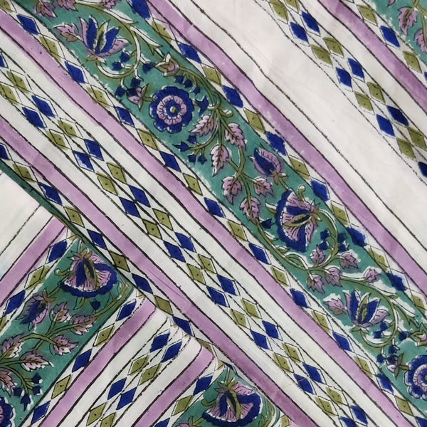 BLOUSE PIECE 0.80 CM Pure Cotton Jaipuri White With Lavender Teal Dark Blue Floral Border Hand Block Print Fabric