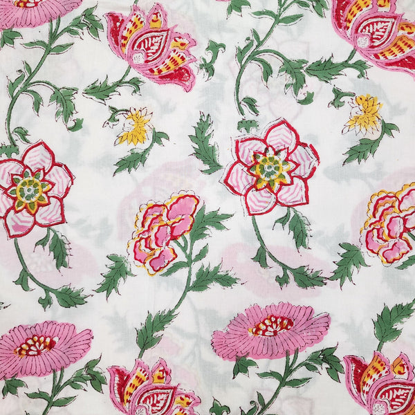 BLOUSE PIECE 0.80 CM Pure Cotton Jaipuri White With  Pink And Yellow Calendula Flower Jaal Hand Block Print