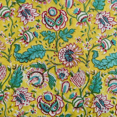 ( BLOUSE PIECE 0.80 CM )Pure Cotton Jaipuri Green With Allamanda Marron And White Flower Jaal Hand Block Print Fabric