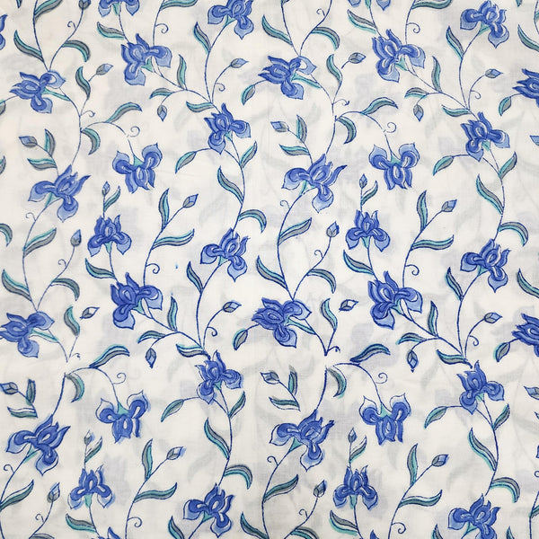 BLOUSE PIECE 0.90 CM Pure Cotton Jaipuri White With Bluebell Flowers Jaal Hand Block Print Fabric