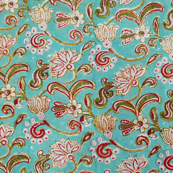BLOUSE  PIECE 1.15 METER Pure Cotton Jaipuri Sea Blue With Wild Jaal Hand Block Print Fabric