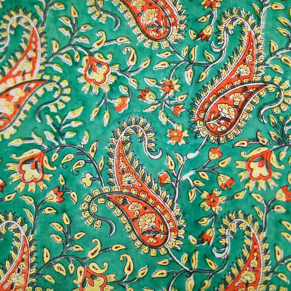 BLOUSE PIECE 1.20 METER Pure Cotton Jaipuri Green With Orange Mehnid Design Kairi Hand Block Print Fabric