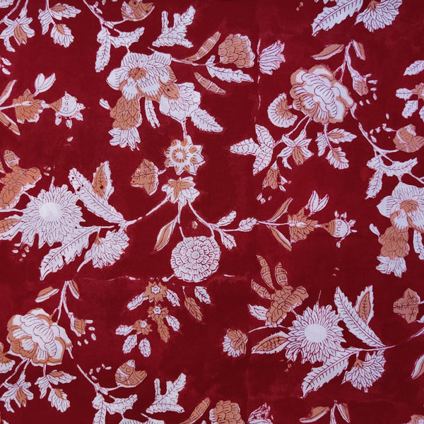 BLOUSE PIECE 1.20 METER Pure Cotton Jaipuri Red With White And Peach Jaal Hand Block Print Fabric