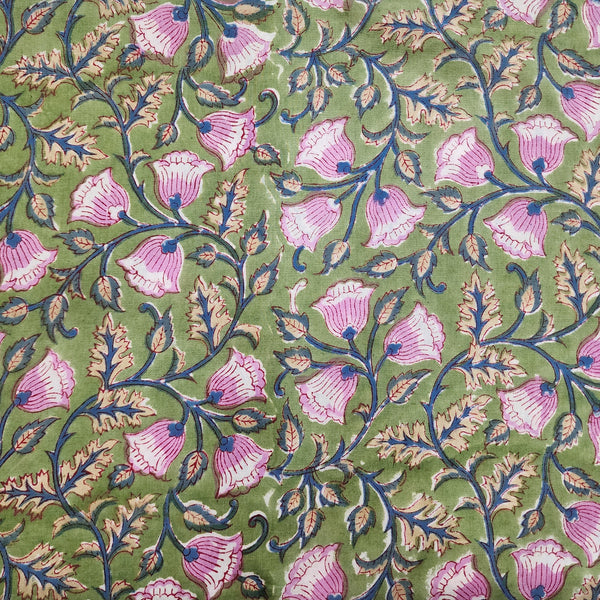 BLOUSE PIECE 1.25 METER Pure Cotton Jaipuri Green With  Wild Pink Flower Jaal Hand Block Print Fabric