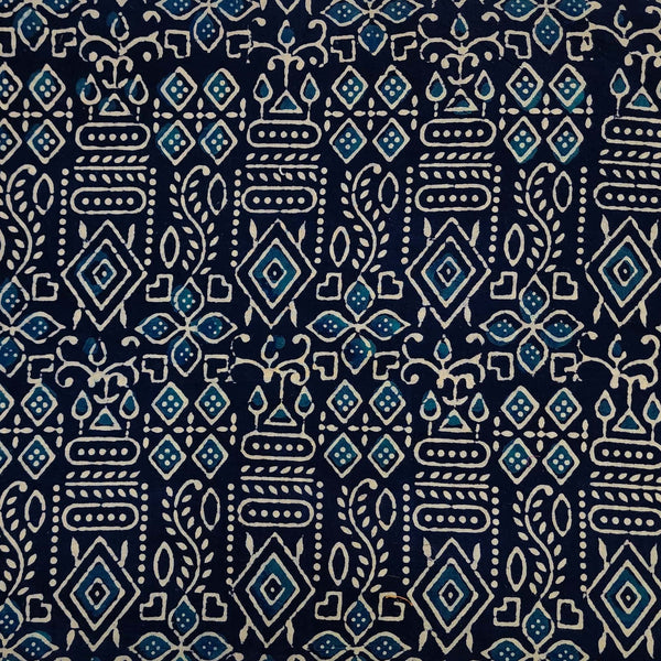 BLOUSE PIECE 1 METER Pure Cotton Gamthi Blue With Light Blue Cream Tribal Motifs Hand Block Print Fabric