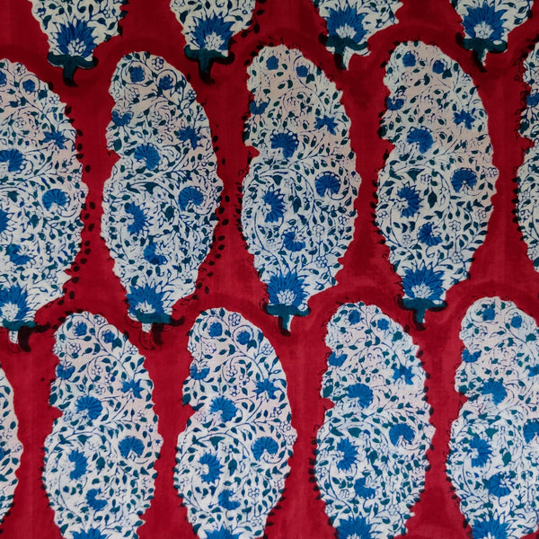 BLOUSE PIECE 1 METER Pure Cotton Jaipuri Red With A Big Jaal Kairi Motif Hand Block Print Fabric