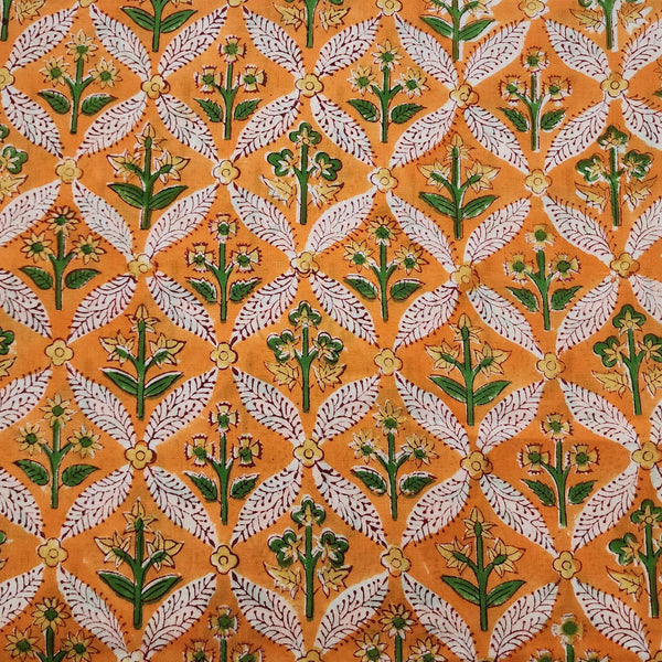 BLOUSE PIECE 80 CM Pure Cotton Jaipuri Orange With All Over Comb Jaali And Plants In Between Hand Block Print Fabric