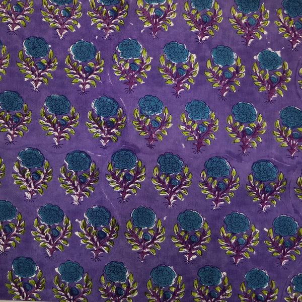 BLOUSE PIECE 80 CM Pure Cotton Jaipuri Purple With Blue Roses Hand Block Print Fabric