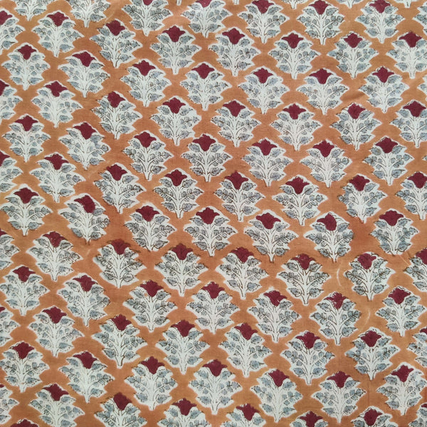 BLOUSE PIECE 95 CM Pure Cotton Jaipuri Orange With Grey Maroon Plants Hand Block Print Fabric