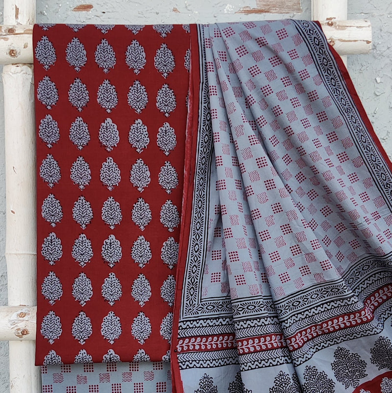 Bagh-E-Wafa-Pure Cotton Maroon With Grey Flower Motif Top And Grey With Maroon Two Different Block Bottom And Cotton Dupatta Unstitched Suit