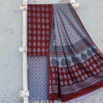 Bagh-E-Wafa-Pure Cotton Maroon With Grey Flower Motif Top And Grey With Maroon Two Different Block Bottom And Cotton Dupatta Unstitched Suit