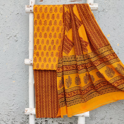 Bagh-E-Wafa-Pure Cotton Mustard With Orange Kairi Flower Motif Top And Orange With Mustard Bottom And Cotton Dupatta Unstitched Suit