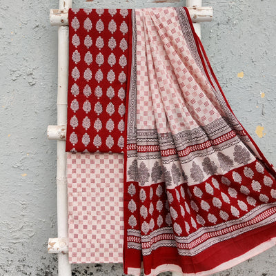 Bagh-E-Wafa-Pure Cotton Off White With Maroon  Flower Motif Top And Off White With Red Bottom And Cotton Dupatta Unstitched Suit