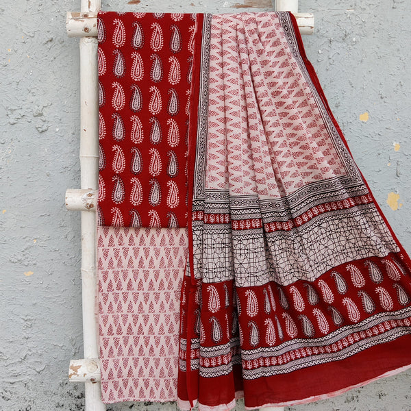 Bagh-E-Wafa-Pure Cotton Red With Off White Kairi Motif Top And Off White And Red Bottom And Cotton Dupatta Unstitched Suit
