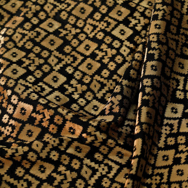 Pre-Cut 1.20 Meter Banarasi Brocade Black With Gold Geometric All Over Pattern Woven Fabric