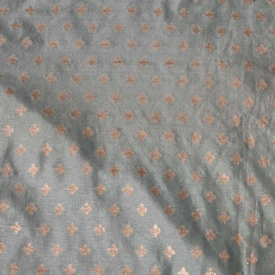 Pre-Cut 1.90 Meter Banarasi Brocade Grey With Tiny Gold Four Petal Buttis Woven Fabric