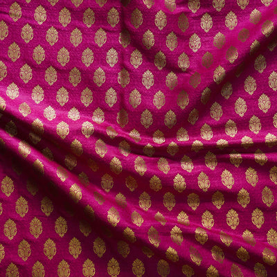 PRE-CUT 1.60 METER Banarasi Brocade Magenta With Gold Zari Flowerpot Motif Woven Fabric