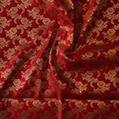 ( Pre-Cut 2.40 Meter) Banarasi Brocade Red With Gold Zari Floral Jaal With Beautiful Border Woven Fabric