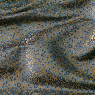 ( Pre-Cut 1.20 Meter )Banarasi Brocade Royal Dark Grey With All Over Cherry Tree Woven Fabric
