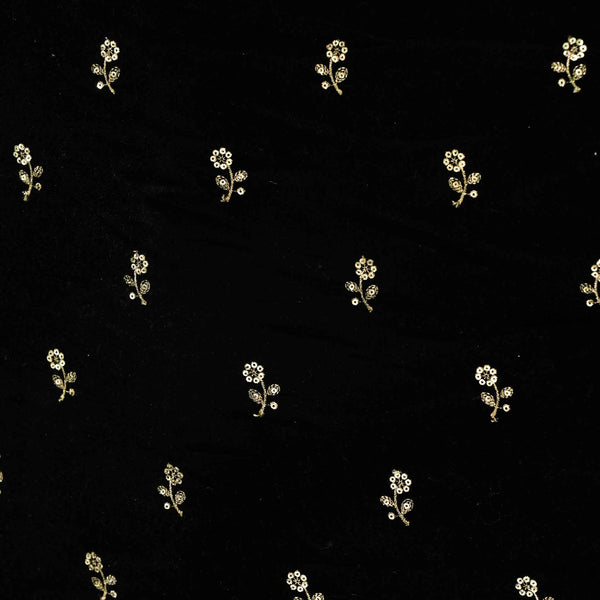 Pre-cut 1.75 meter Black Royal Velvet With Zari Flower Embroidered Motifs