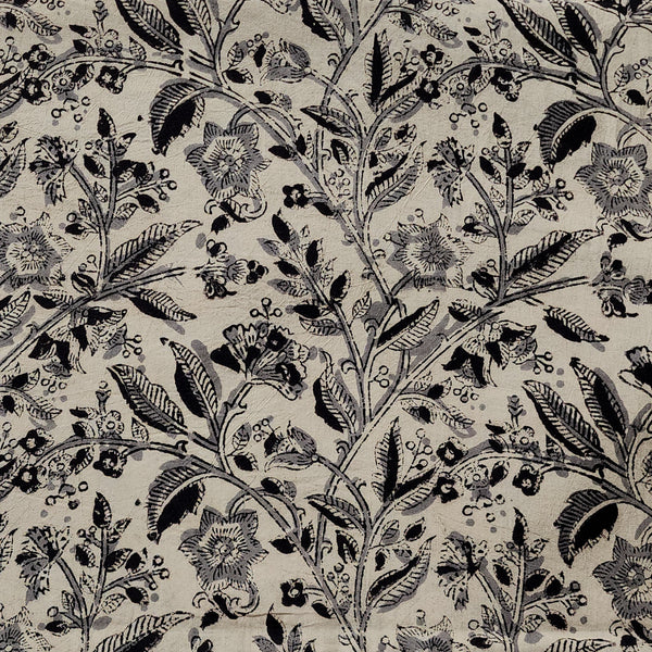 Pure Cotton Kalamkari Cream With Black Bluebell Flower Jaal Hand Block Print Fabric
