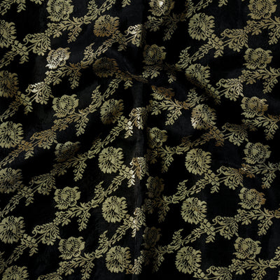 Heavy Dola Silk Black Jaal And Golden Zari Flower Jaal Hand Woven Fabric