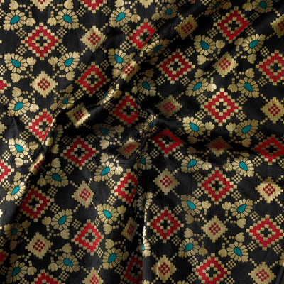Brocade Black With Red Intricate Design Hand Woven Fabric
