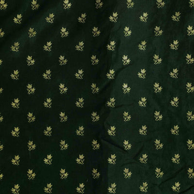 Brocade Dark Green With Golden Zari Flower Motif Hand Woven Fabric