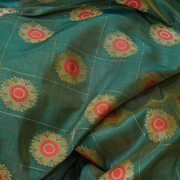 Pre-cut 1 meter Brocade Dhup Chaav Teal Gold With Gold Checks And Alternate Pink Gold Flower Motifs Woven Fabric