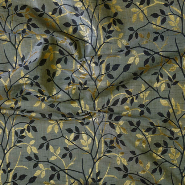 Pre-Cut 1 Meter Brocade Grey With Black And Gold Creeper Woven Fabric
