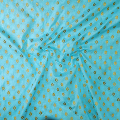 ( Pre-Cut 1 Meter ) Brocade Light Blue With Tiny Gold Leaves Woven Fabric