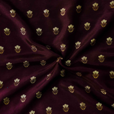 ( Pre-Cut  1 Meter ) Brocade Maroon Burgundy With Small Flowers Motifs Woven Fabric