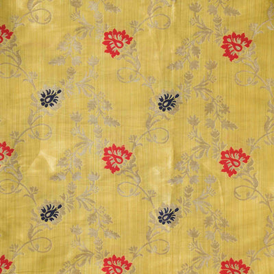 Brocade Mustard With Red And Blue Flower Design Hand Woven Fabric