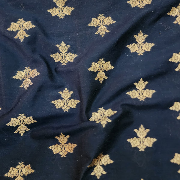 ( Pre-Cut 1.70 Meter ) Brocade Navy Blue With Golden Leafs Motif Fabric