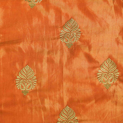 Brocade Orange With Golden Zari Emboriderey Hand Woven Fabric