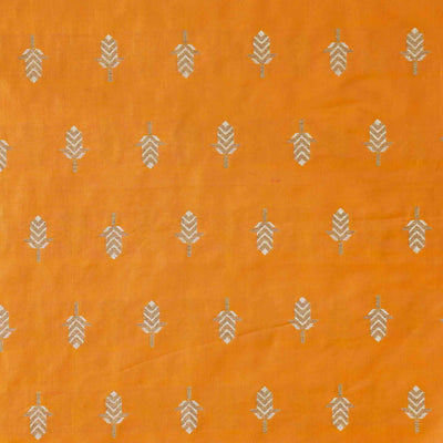 Brocade Orange With Silver Leafs Hand Woven Fabric