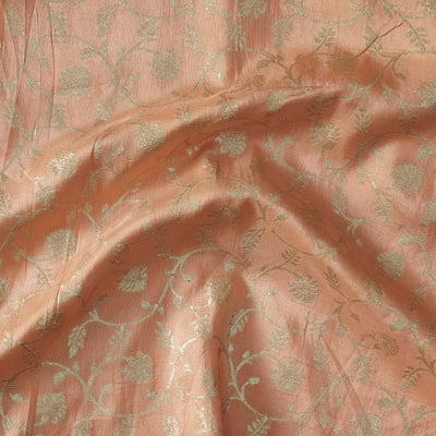 Heavy Dola Silk Peach With Light Golden Flower Jaal Hand Woven Fabric